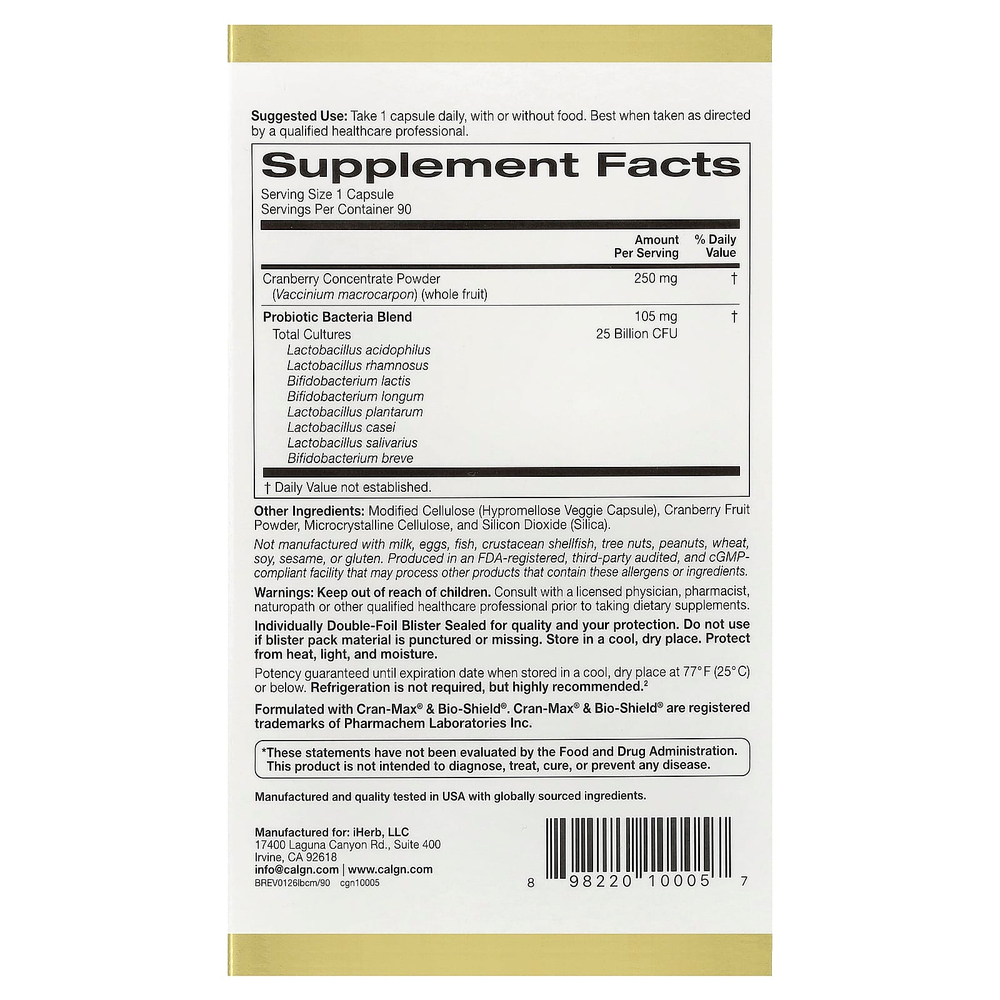 California Gold Nutrition, CranMax®, LactoBif®, пробиотики, 25 млрд КОЕ, 90 вегетарианских капсул