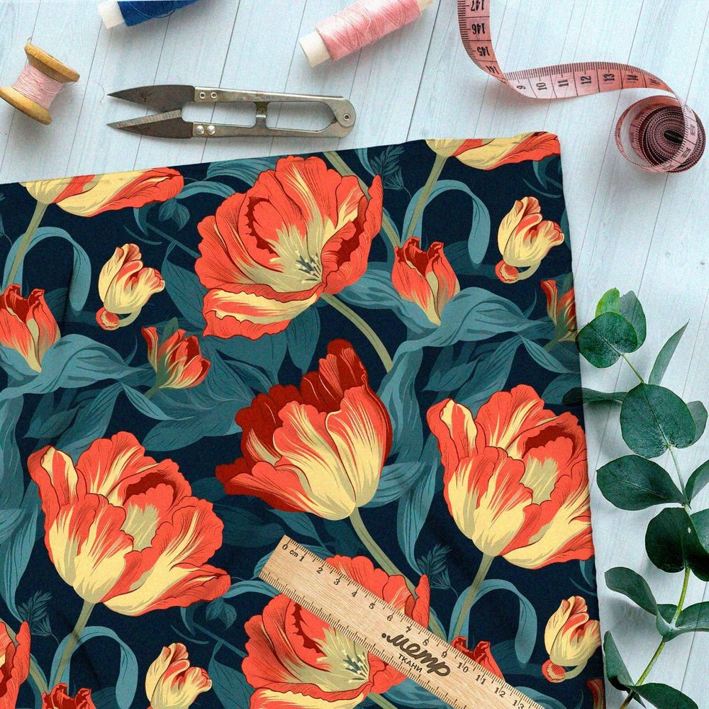 Ткань премиум габардин ночные тюльпаны