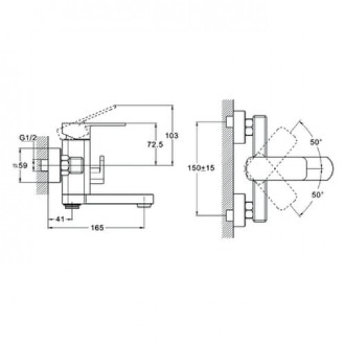 LEB3-A123 Смеситель для ванны с литым пов. изливом 150мм, ø35, встр. переключение