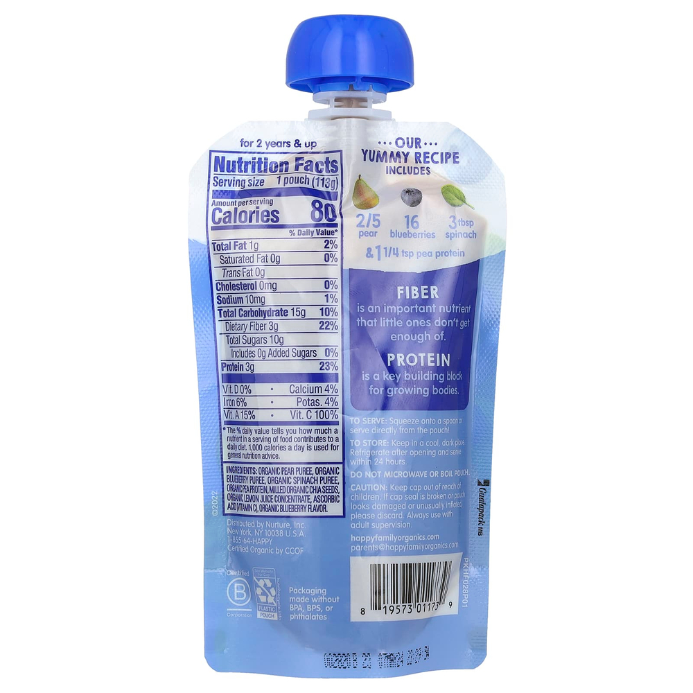 Happy Family Organics, Happy Tot®, клетчатка и протеин, для детей от 2 лет, органические груши, голубика и шпинат, 113 г (4 унции)