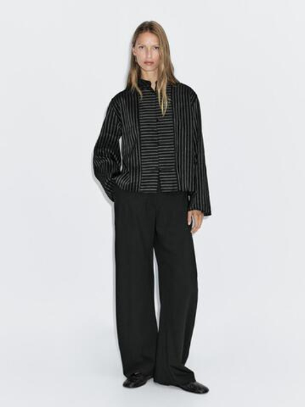 Massimo Dutti Рубашка в полоску с воротником-стойкой и деталью в форме нагрудника, черный