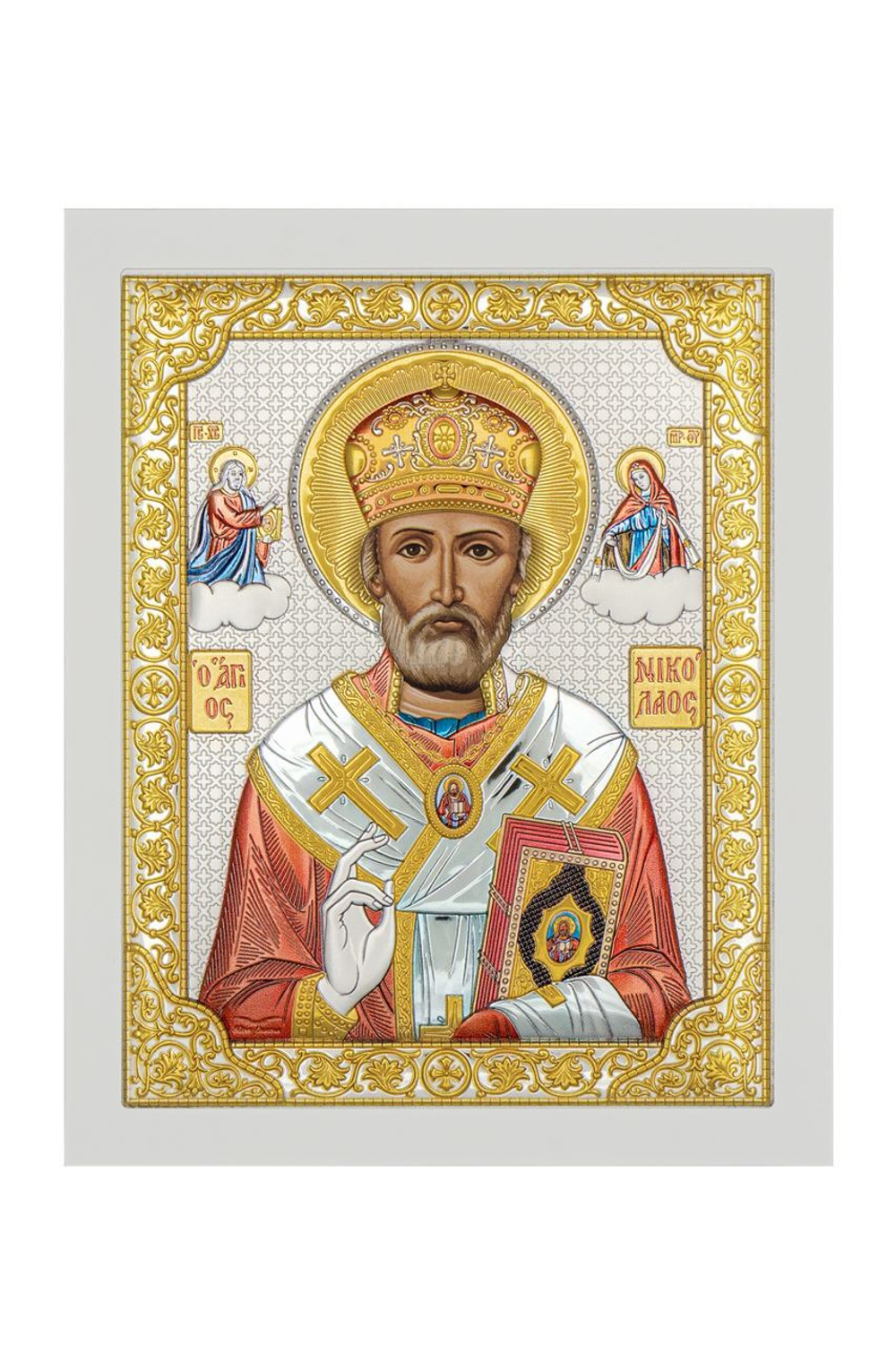 Николай Чудотворец, икона прямоугольная с рамкой, белое дерево, эмаль 185х235