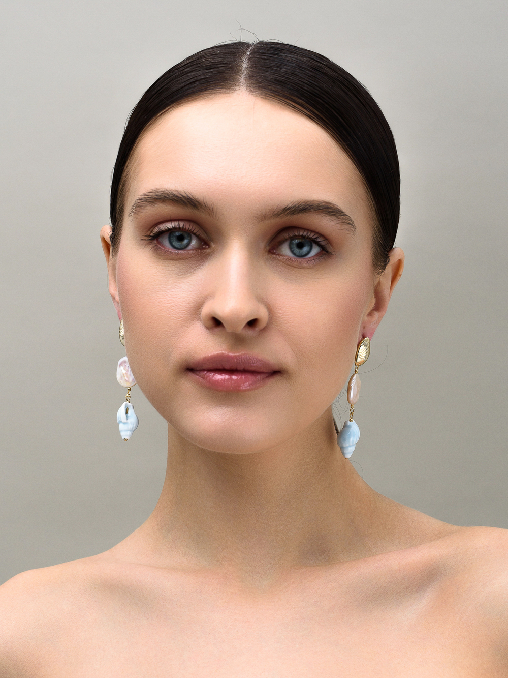 Серьги "Caramel shell pearl blue" Gold