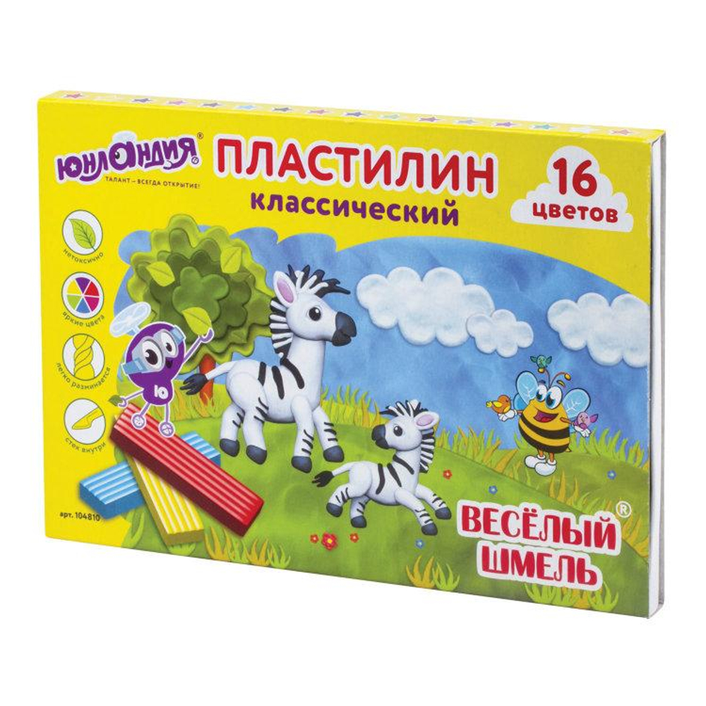 Пластилин классический 16цв. "Весёлый шмель" 240г. со стеком (ЮНЛАНДИЯ)