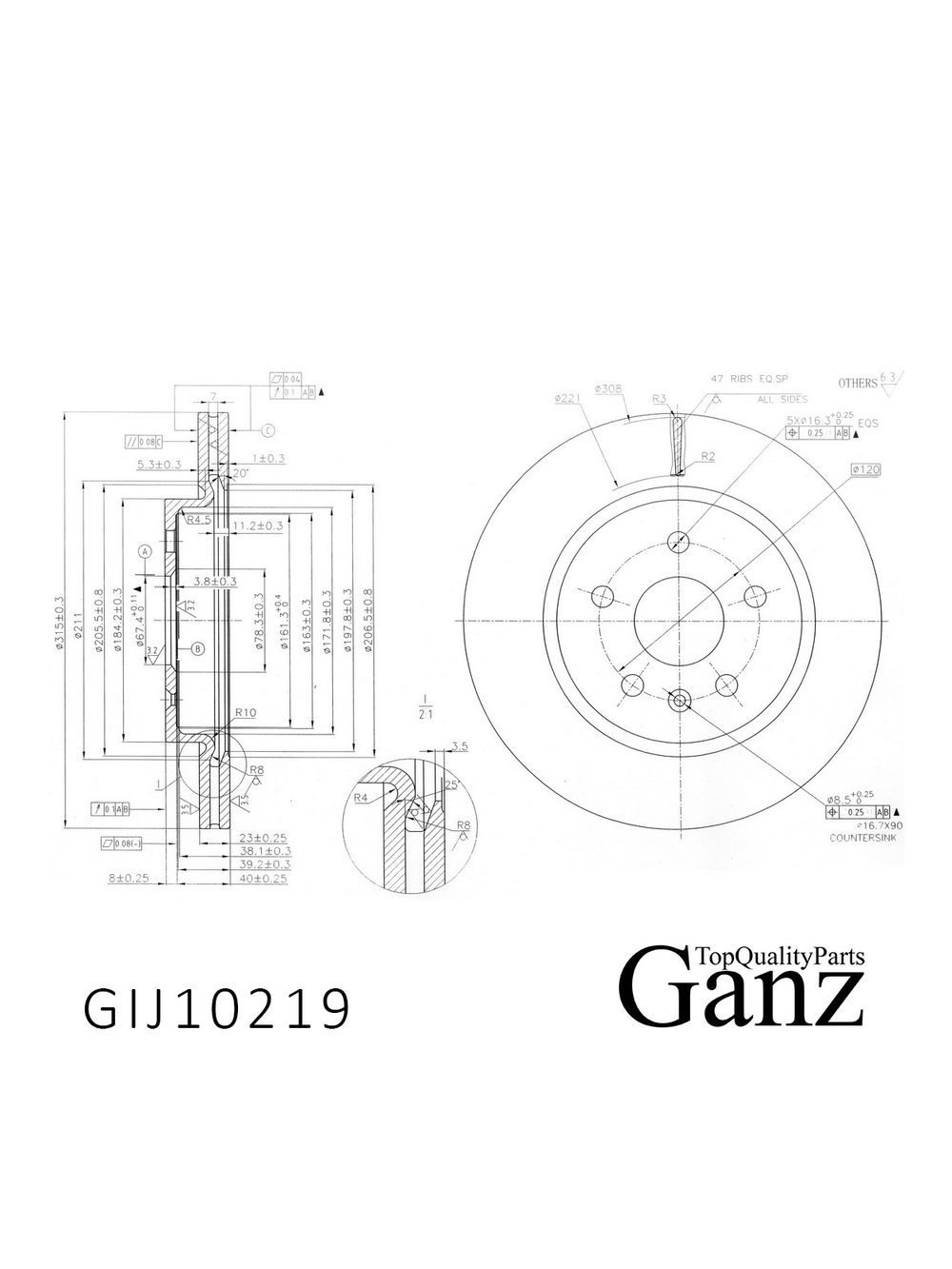 Диск тормозной задний с покрытием OPEL INSIGNIA/SAAB 95 /VENT.D=315MM GANZ GIJ10219