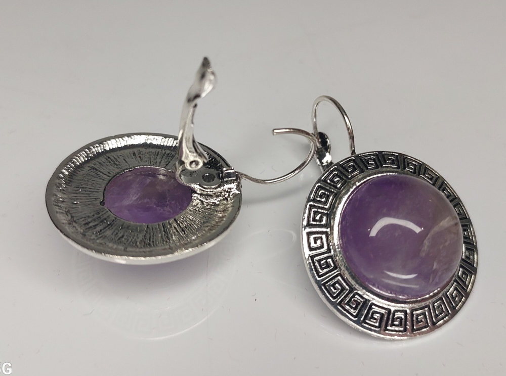 Комплект бижутерии подвеска, цепь, браслет, серьги Аметист Круг.(натуральный камень, бижутерный сплав)