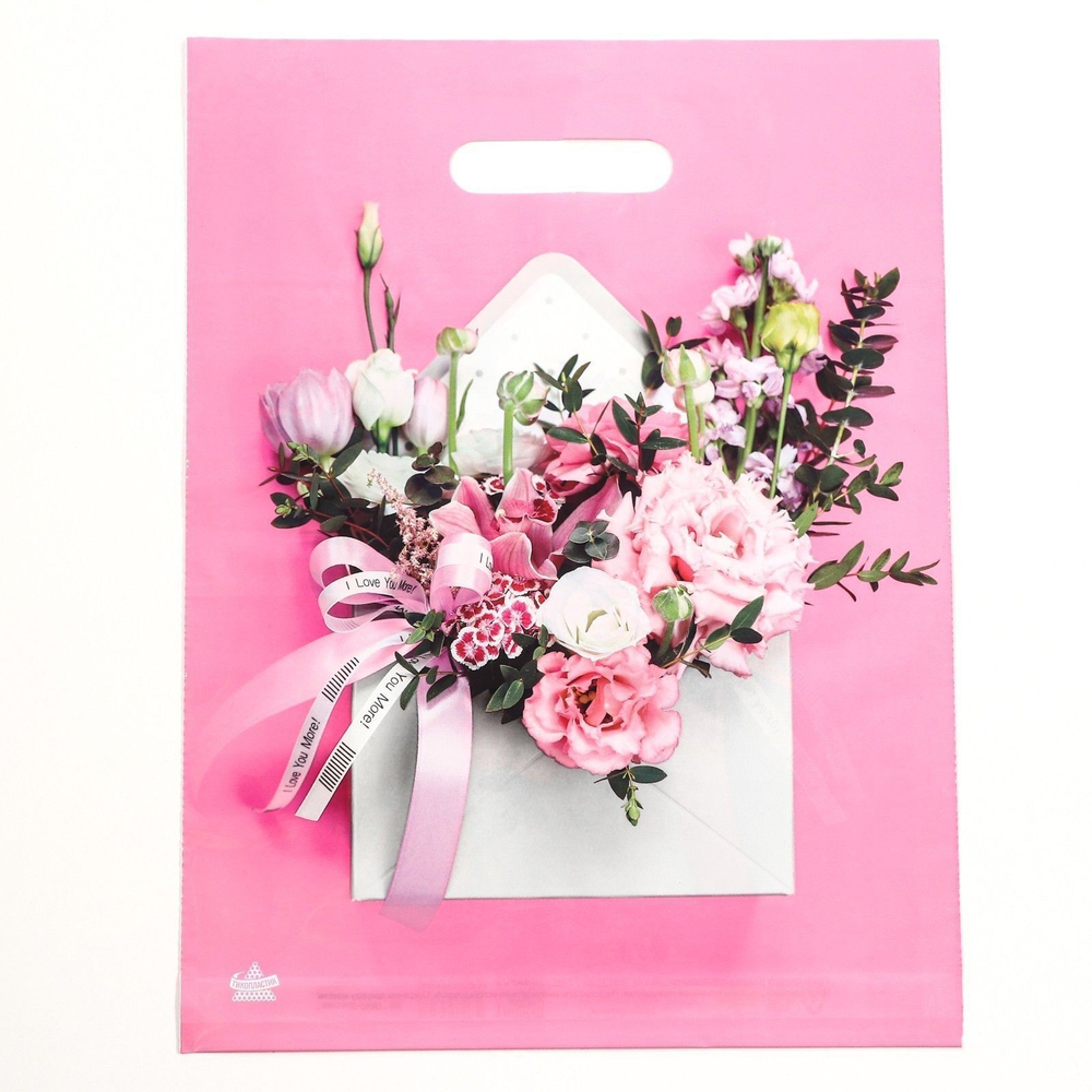 Розовый пакет с цветочным принтом и вырубной ручкой (40х31 см) (Цвет: розовый)