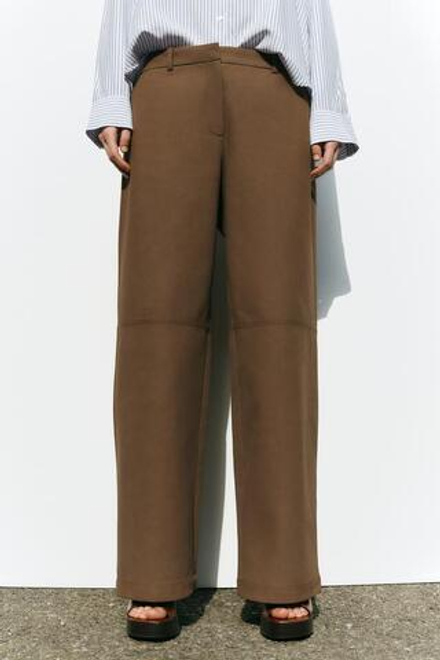 ZARA БРЮКИ ПРЯМОГО КРОЯ ИЗ ИСКУССТВЕННОЙ ЗАМШИ, КОРИЧНЕВЫЙ