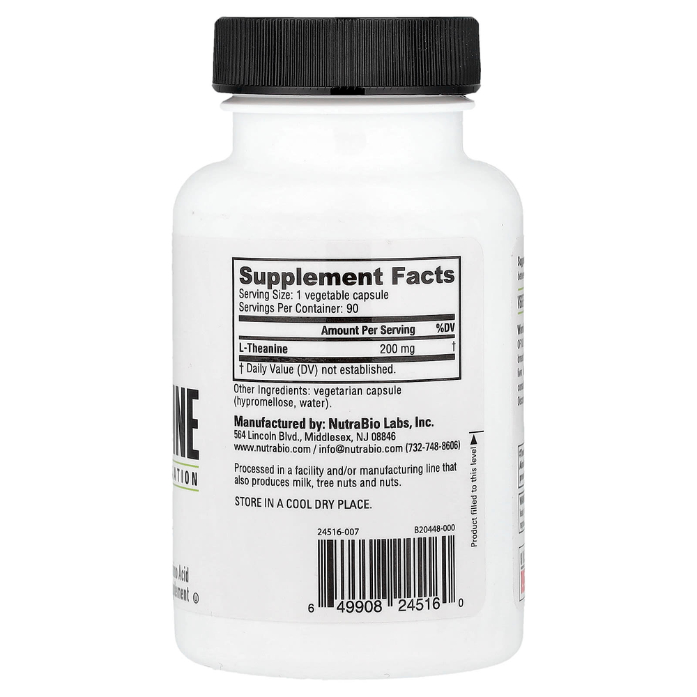 NutraBio, L-теанин, 90 капсул (200 мг на капсулу)