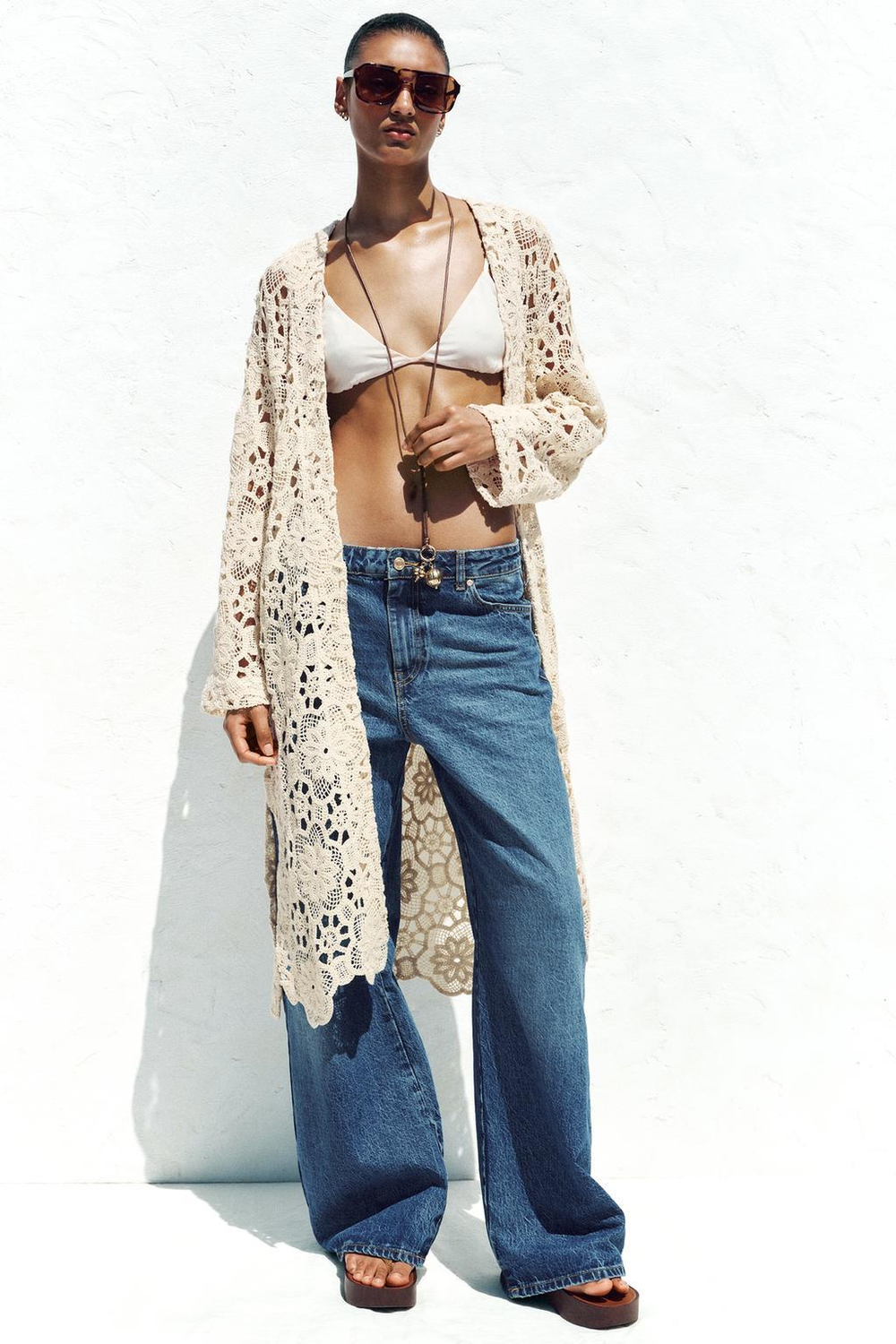 ZARA КАРДИГАН ИЗ КРУЖЕВА КРОШЕ, СВЕТЛО-БЕЖЕВЫЙ
