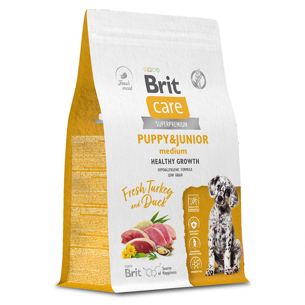 Корм Brit Care Dog Puppy&Junior M Healthy Growth индейка утка для щенков сред.пород 1,5кг 04.25