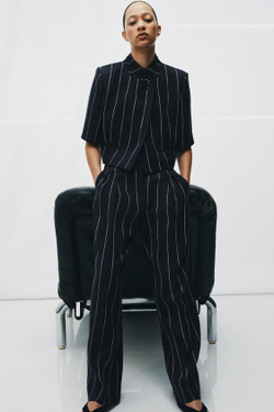 ZARA БРЮКИ В ПОЛОСКУ ИЗ СМЕСОВОГО ЛЬНА — ZW COLLECTION, МОРСКОЙ СИНИЙ