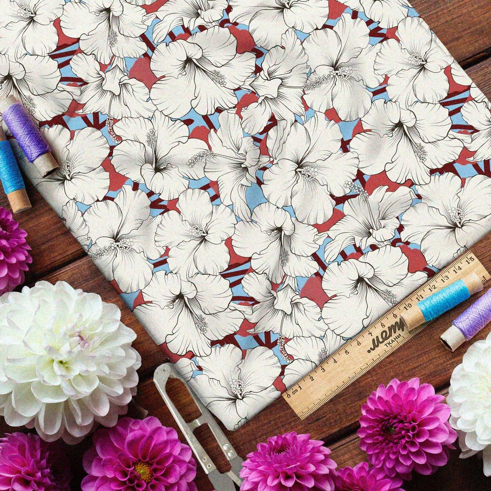 Ткань дюспо белые пышные цветы на голубом фоне