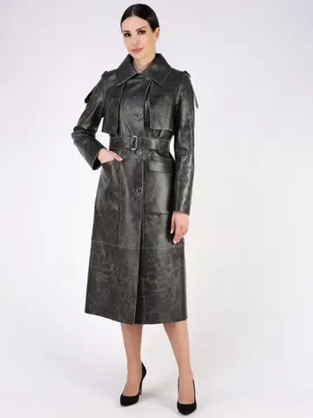 Кожаный тренч длинный с поясом плащ на осень