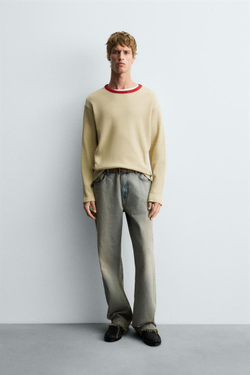 ZARA ФУТБОЛКА ИЗ ВАФЕЛЬНОЙ ТКАНИ С КОНТРАСТНОЙ ОТДЕЛКОЙ, РЫЖЕВАТО-КОРИЧНЕВЫЙ