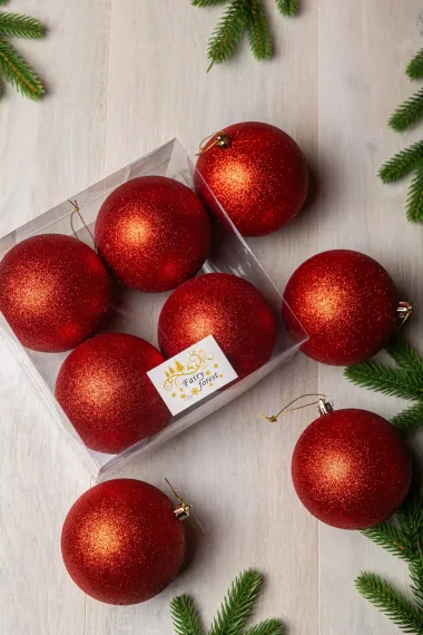 Набор пластиковых шаров Глория 100 мм., красный глиттер, 4 шт., ЕлкиТорг (150443)