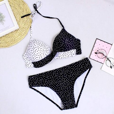 Женский черно-белый раздельный купальник в горошек (Размер: M) (Цвет: черный с белым)