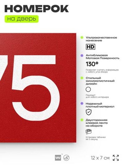 Номер на дверь 875, табличка на дверь для офиса, квартиры, кабинета, аудитории, склада, красная 120х70 мм, Айдентика Технолоджи