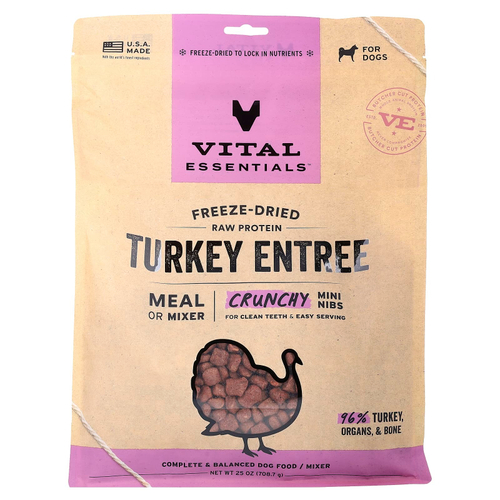 Vital Essentials, сублимированный сырой протеин, хрустящие мини-бобы, для собак, блюдо из индейки, 708,7 г (25 унций)