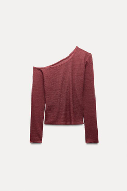 ZARA ТРИКОТАЖНЫЙ ТОП СО СБОРКАМИ, ВИННЫЙ