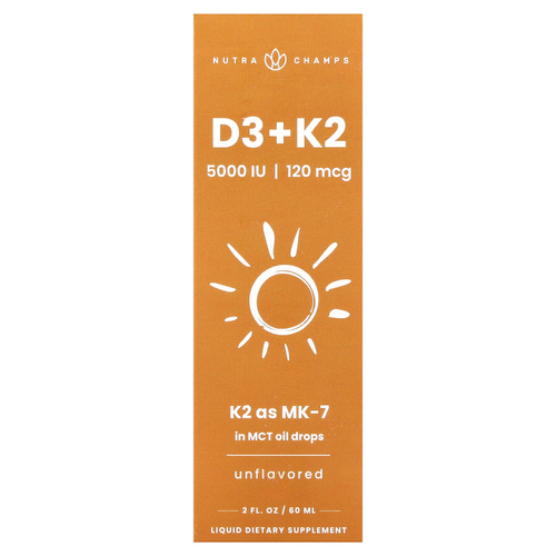 NutraChamps, Жидкие капли D3 + K2, без добавок, 60 мл (2 жидк. унц.)