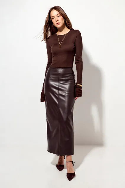 Юбка карандаш из экокожи шоколадного цвета