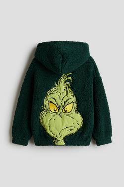 H&M Плюшевая толстовка с капюшоном и принтом, темно-зеленый