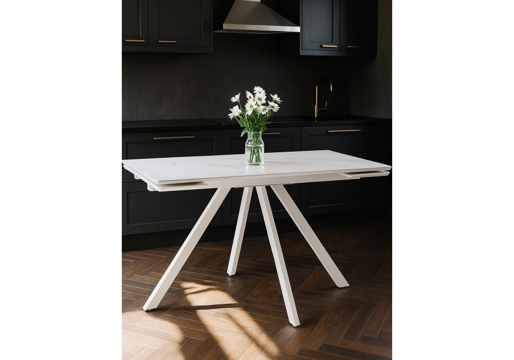 Керамический стол Woodville Вилли 140 (200) х 80 белый мрамор alpin white, snow white, белый, ножки белые