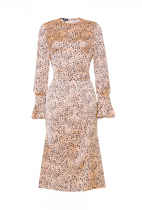 Платье шёлковое, юбка-годе бежевое с черным рисунком 04-02-22 SS