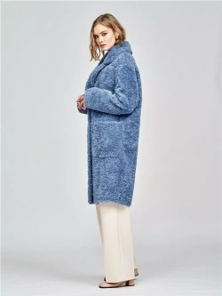 Шуба женская из шерсти мериноса чебурашка тедди, синяя, SilverFox