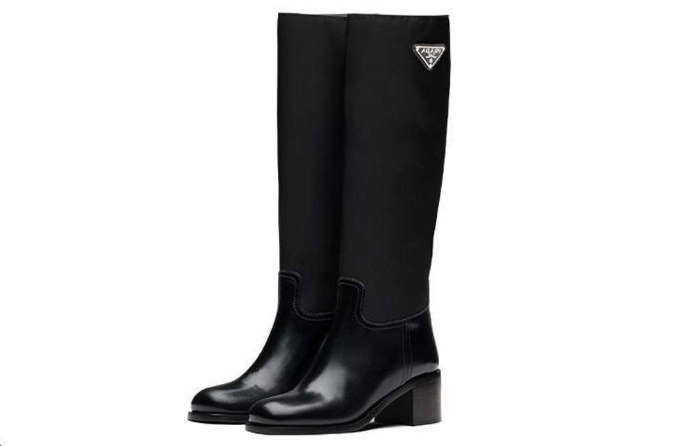 PRADA Black Brushed Leather And Re nylon Knee Boots "Black" Women"s