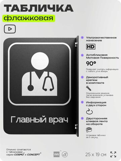 Табличка Главный врач флажковая на стену, двусторонняя с крепежом, 19 х 25 см, для офиса, кафе, ресторана, серия COSMO, Айдентика Технолоджи