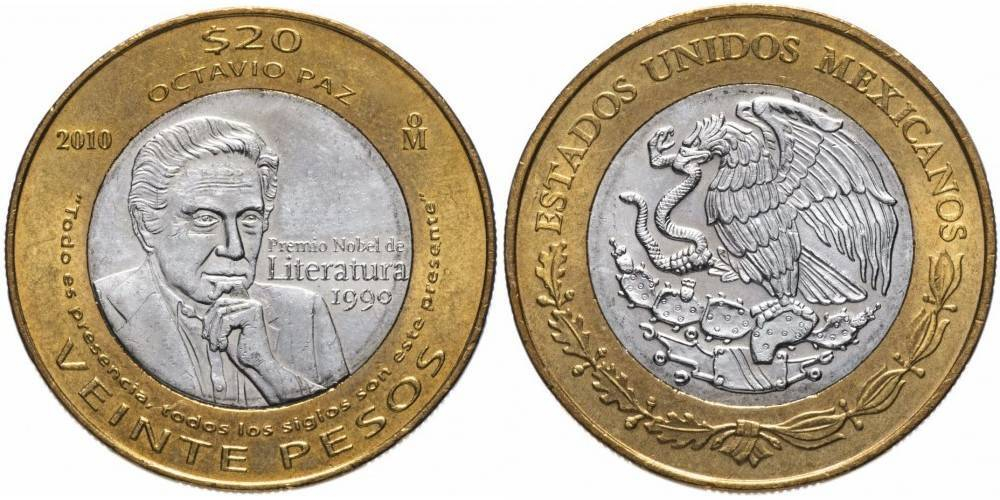 Мексика 20 песо, 2010 Октавио Пас UNC
