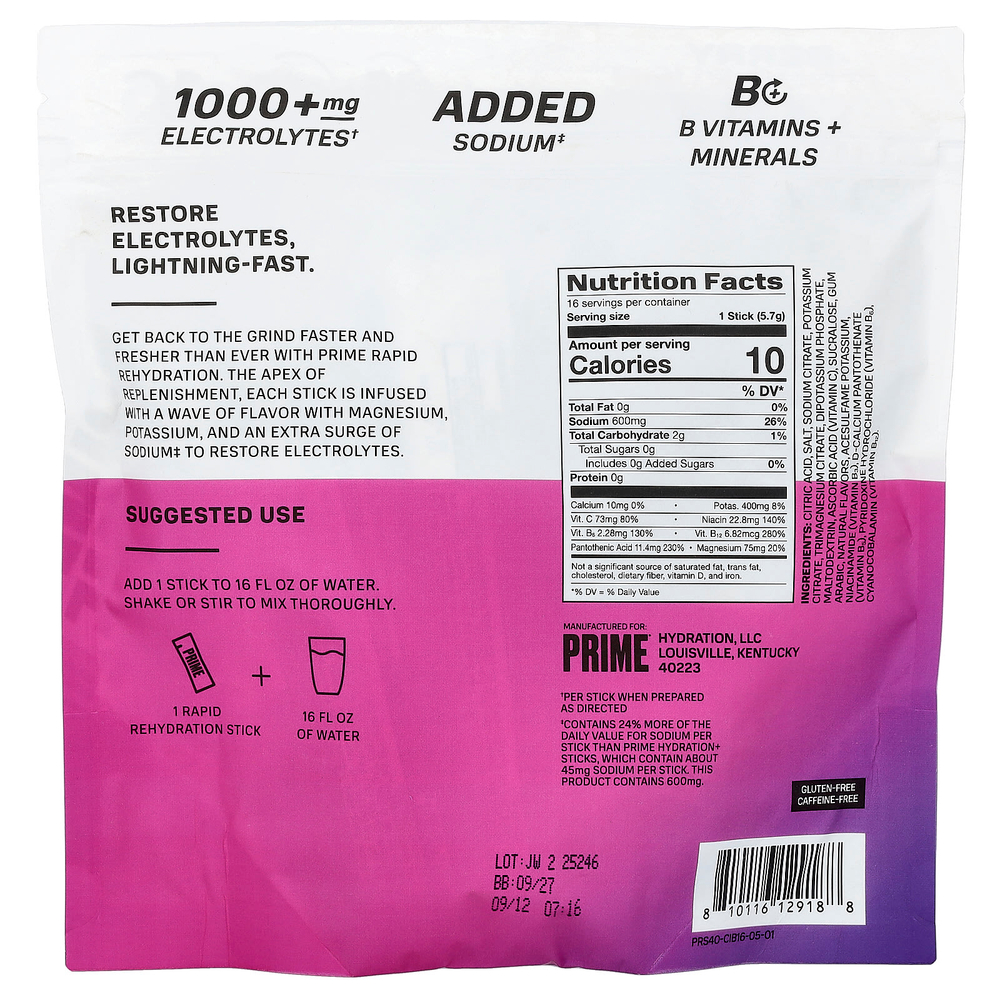 Prime Hydration, Rapid ReHydration, смесь для приготовления электролитического напитка, со вкусом ягод и цитрусовых, 16 стик-пакетов по 5,7 г (0,2 унции)
