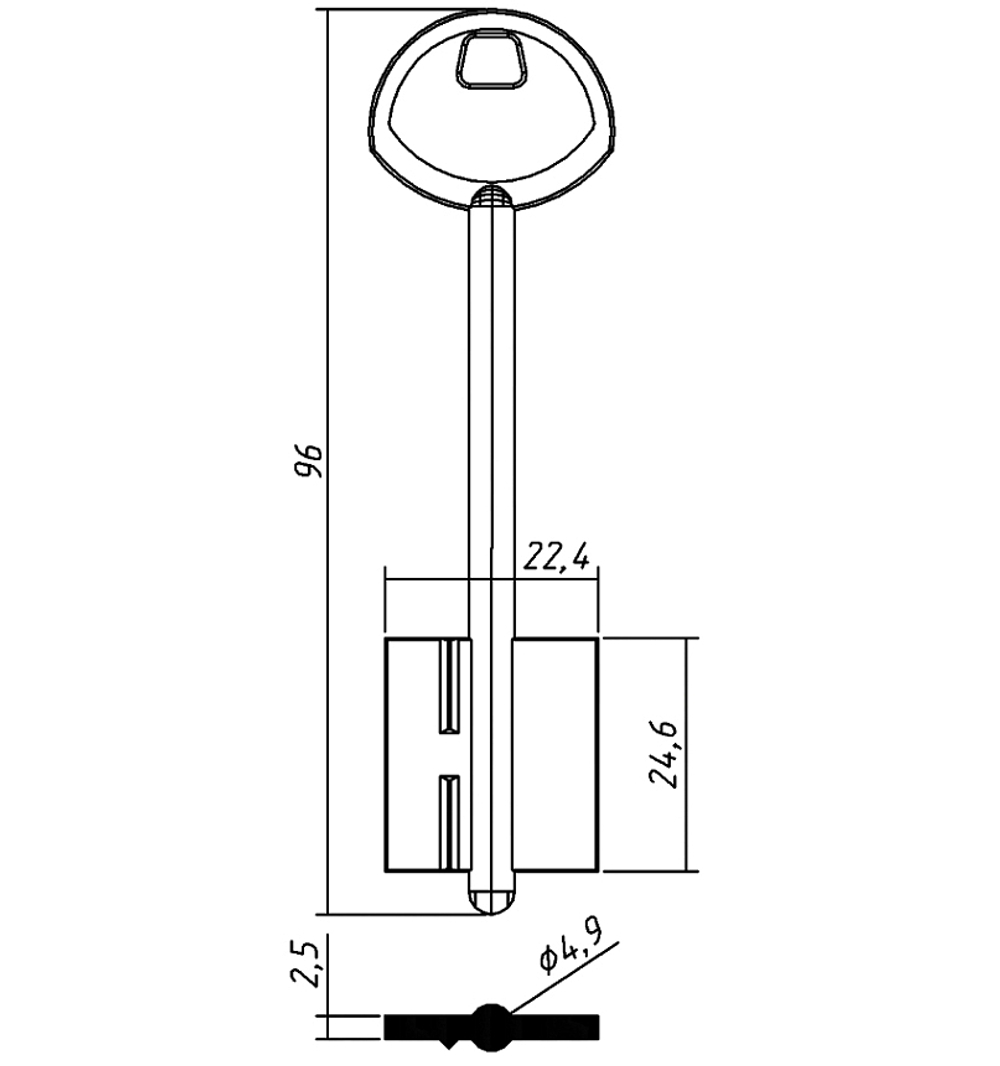 Заготовка сувальдного ключа 10655 139/1- Гардиан-3 литьё (широк.) (96*22,4*24,6) (4,9мм) (GRD3D)