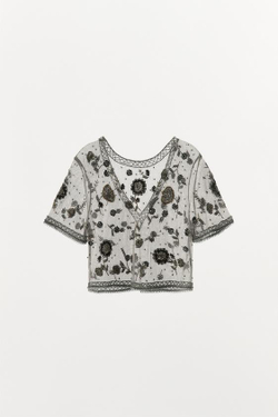 ZARA ТОП ИЗ СЕТЧАТОЙ ТКАНИ С БЛЕСТЯЩЕЙ НИТЬЮ И БУСИНАМИ, СЕРЕБРИСТЫЙ