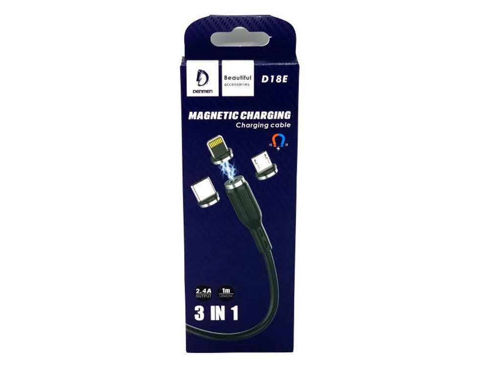 Кабель 3-in-1 DENMEN D18E MicroUSB+Lightning+Type-C 2.4A 1м магнитный Silicone Black