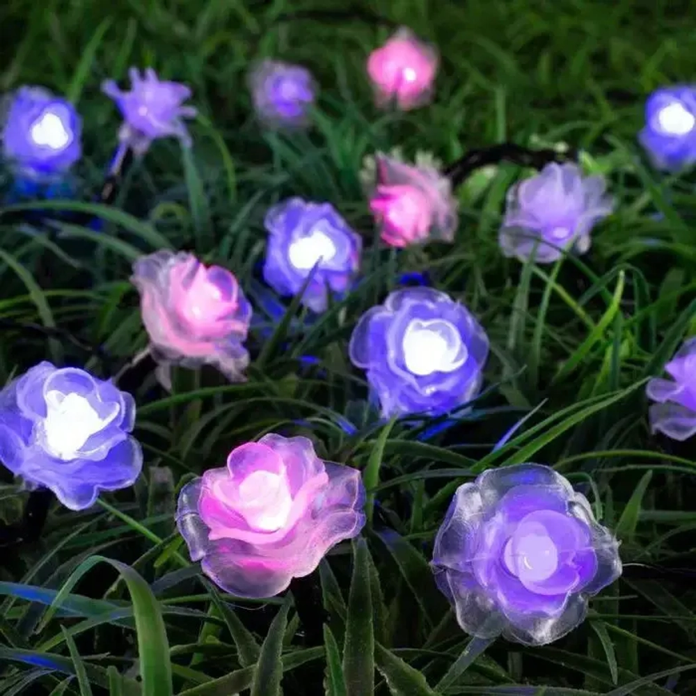Гирлянда для улицы «Нежный цветок» 3 м 20 ламп LED чёрный провод, 2 реж.,IP-55, Розовый/фиолетовый (солнечная батарея)