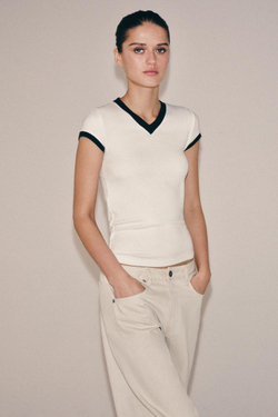 ZARA ФУТБОЛКА В РУБЧИК С КОНТРАСТНЫМИ ДЕТАЛЯМИ, ЭКРЮ