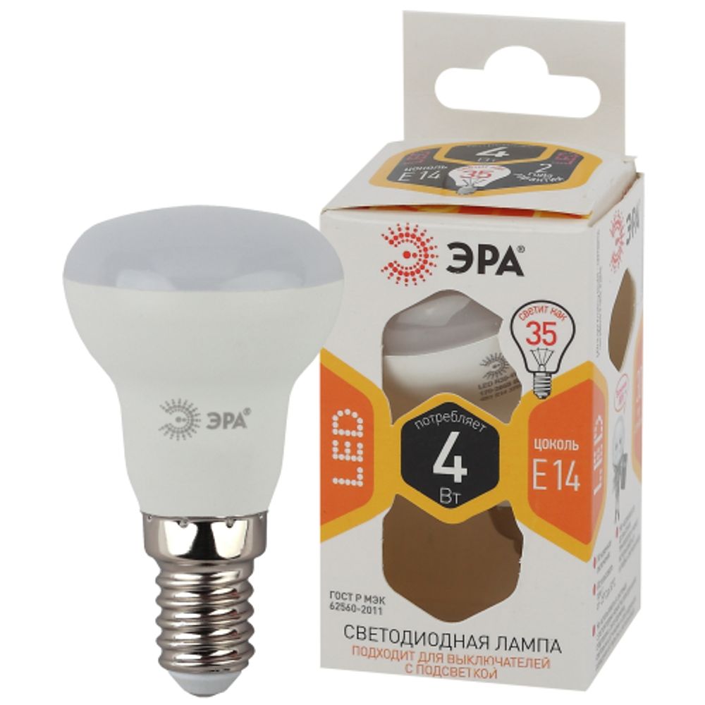 Лампа светодиодная ЭРА STD LED R39-4W-827-E14 4Вт рефлектор теплый белый свет Е14 | Лампы cветодиодные Рефлектор (R )