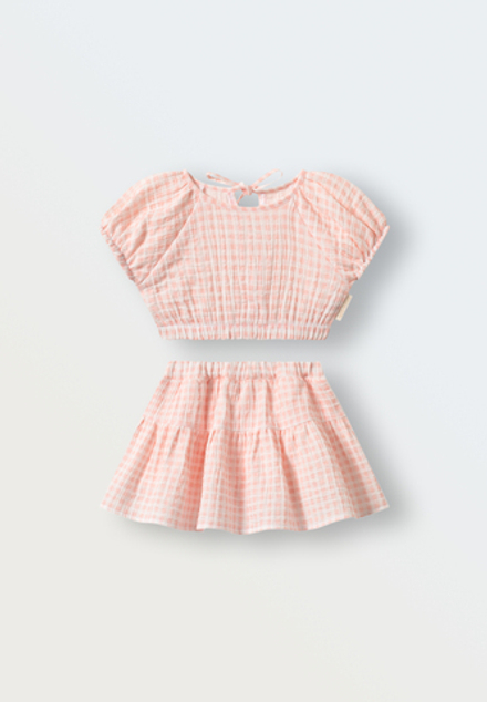 3144-339 Комплект топ и юбка-шорты из муслина (клетка розовая)