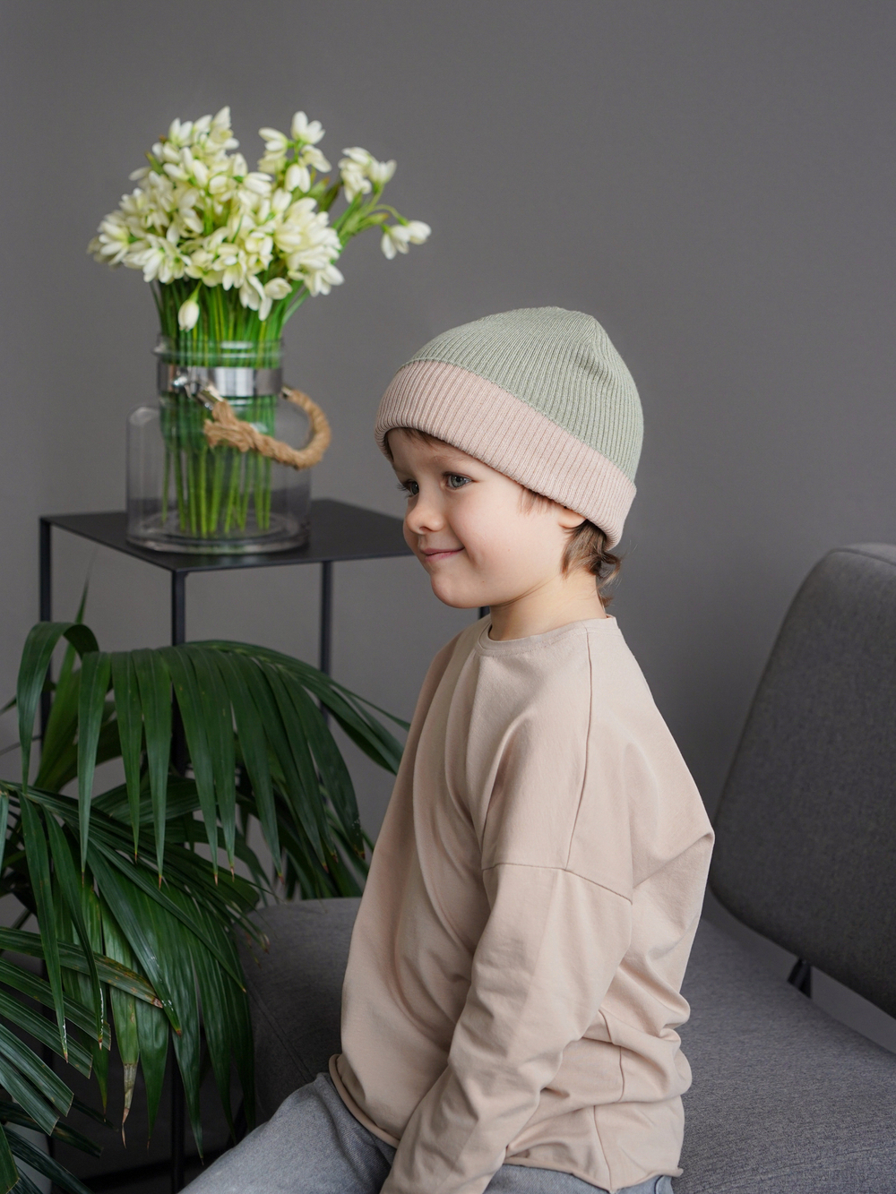 Шапка вязаная хлопковая ТВИНС(Сандал, хакки)