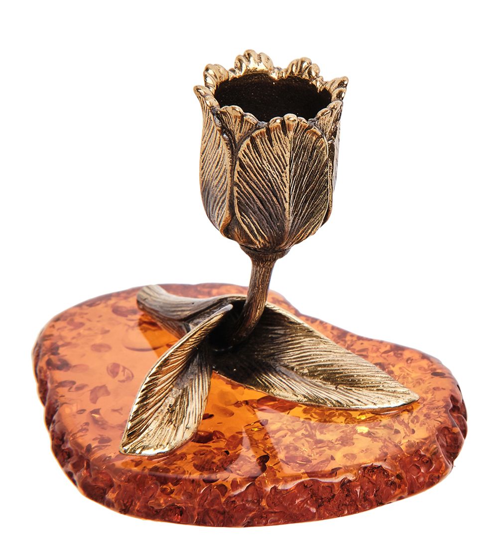 Народные промыслы AM-2949 Подсвечник «Тюльпан» (латунь, янтарь)