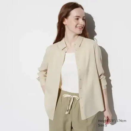 UNIQLO БЛУЗКА ИЗ ВИСКОЗЫ С ДЛИННЫМИ РУКАВАМИ, БЕЖЕВЫЙ