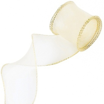 Лента декоративная (4 см*9,14 м) Органза с леской Золотая кайма Кремовый