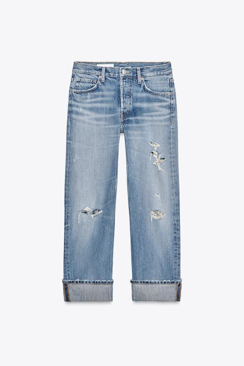 ZARA ДЖИНСЫ TRF STRAIGHT-LEG MID-RISE С РАЗРЕЗАМИ, ГОЛУБОЙ