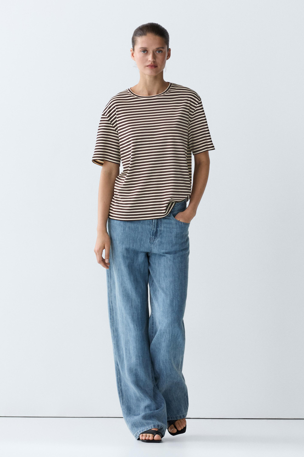 Massimo Dutti Хлопковая футболка в полоску с короткими рукавами, коричневый
