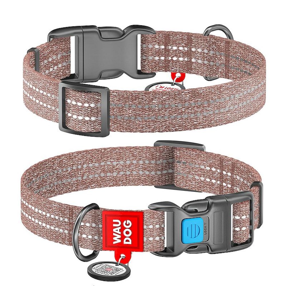 Ошейник для собак из восстановленного хлопка WAUDOG Re-cotton с QR паспортом, светоотражающий, пластиковая застежка, M, Ш 20 мм, Дл 24-40 см коричневый