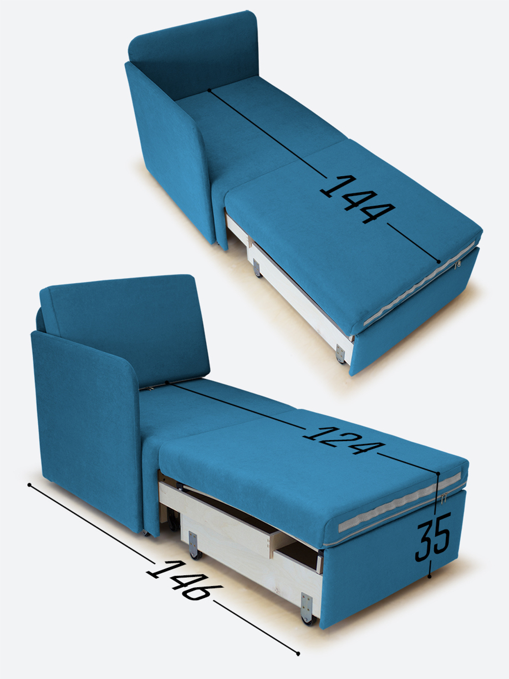 Кресло-кровать "Миник" с правым подлокотником, под правую руку, велюр Dream Denim