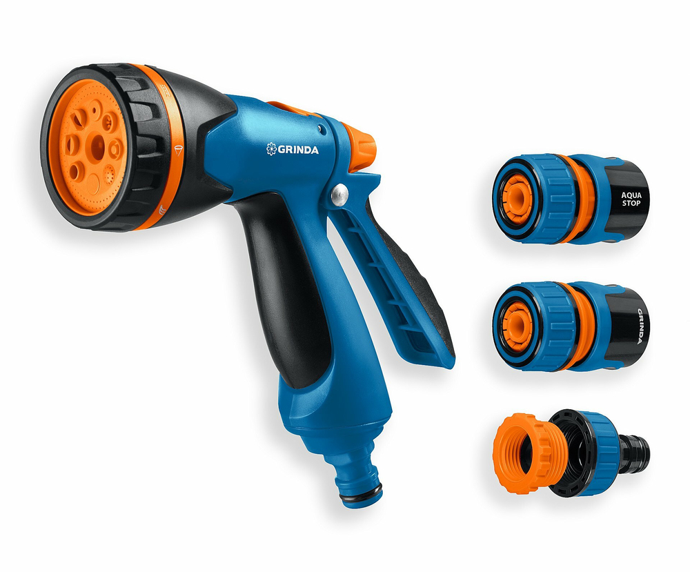 GRINDA B-812, пистолет поливочный B-8, коннектор 1/2, коннектор 1/2 с автостопом, адаптер с внутр. резьбой 1/2 х 3/4, набор поливочный PROLine (429114)